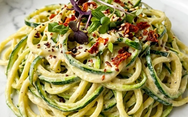 Zucchini-Spaghetti in cremiger Sauce– Zoodles