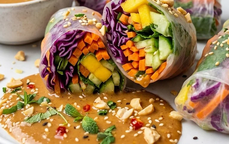 Rainbow Spring Rolls with Gin Extractger Peanut Sauce