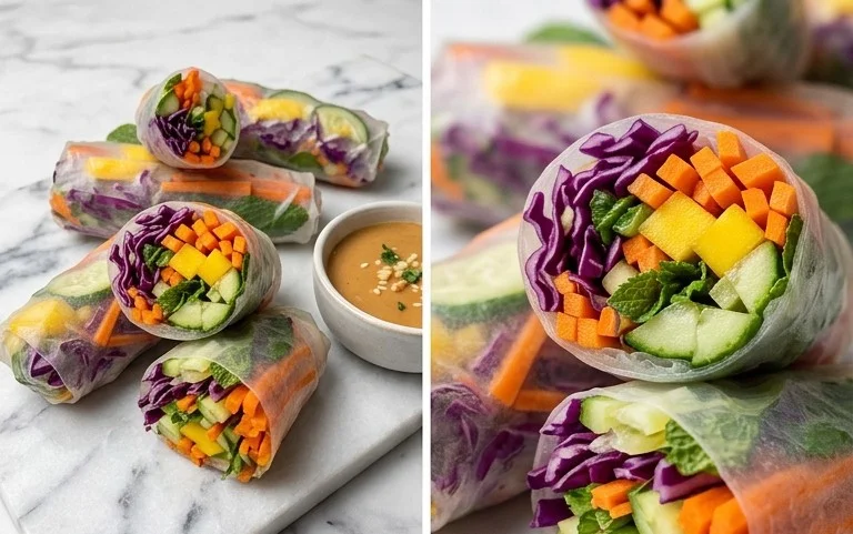 Rainbow Spring Rolls with Gin Extractger Peanut Sauce