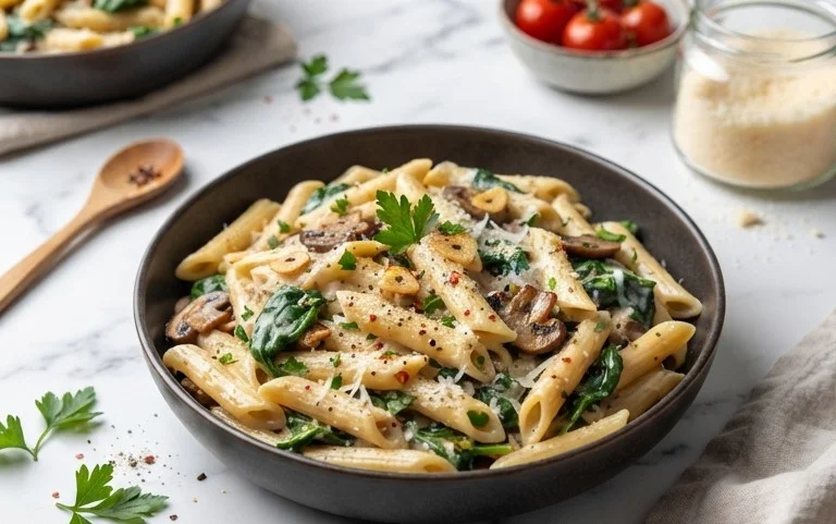 One-Pot Garlic Parmesan Pasta with Spinach and Mushrooms