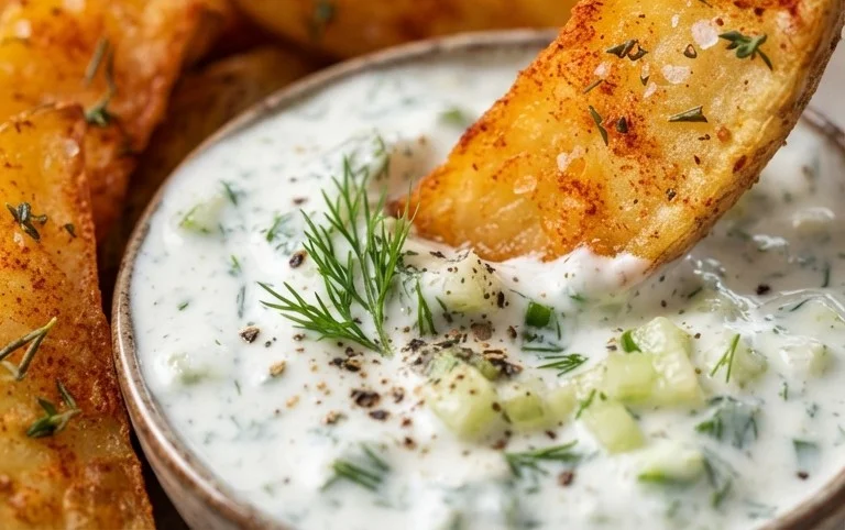 Kartoffelspalten mit Gurkendip