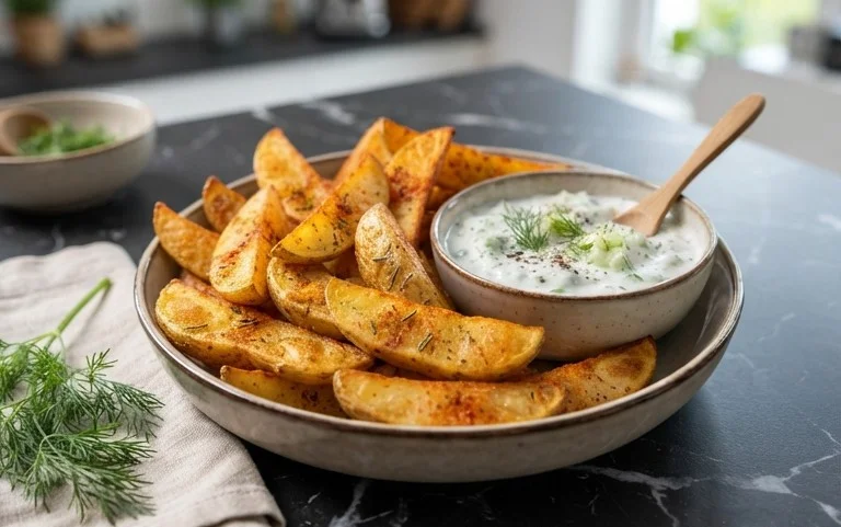 Kartoffelspalten mit Gurkendip