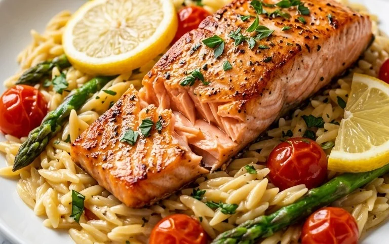 One Skillet Salmon with Lemon Orzo