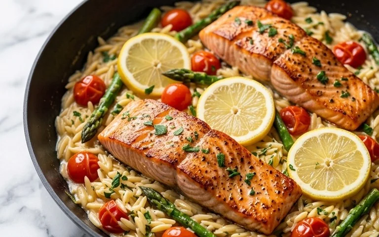 One Skillet Salmon with Lemon Orzo