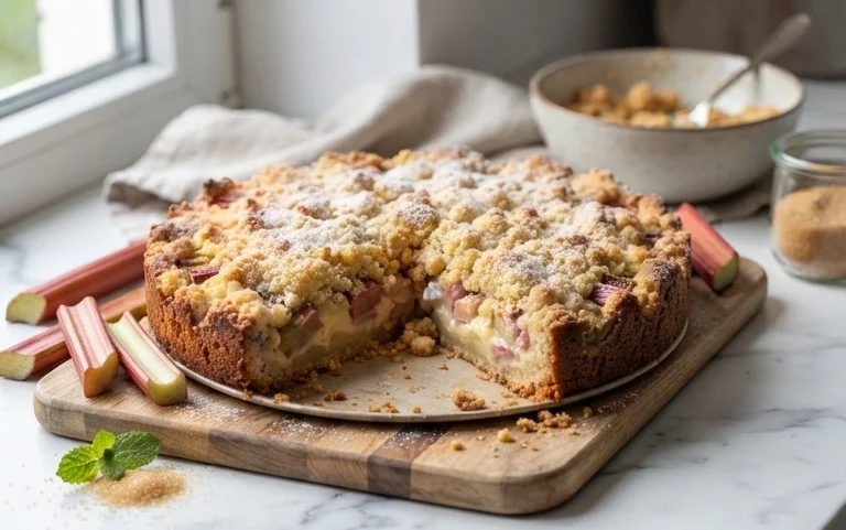 Rhabarberkuchen mit Pudding und Streuseln – wie von Oma